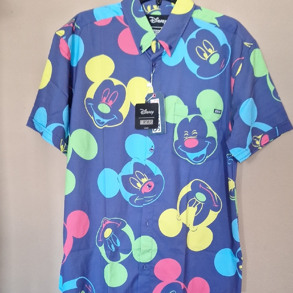 RSVLTS Disney 100 Anniversary Men's  Large SS Button Up Mickey Mouse Print Shirt